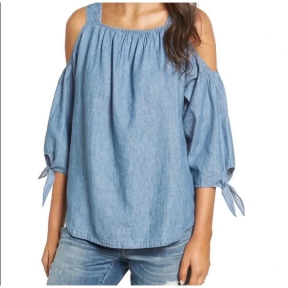 Madewell Chambray Linen Flowy Blend Cold Shoulder Top size medium - Picture 2 of 10